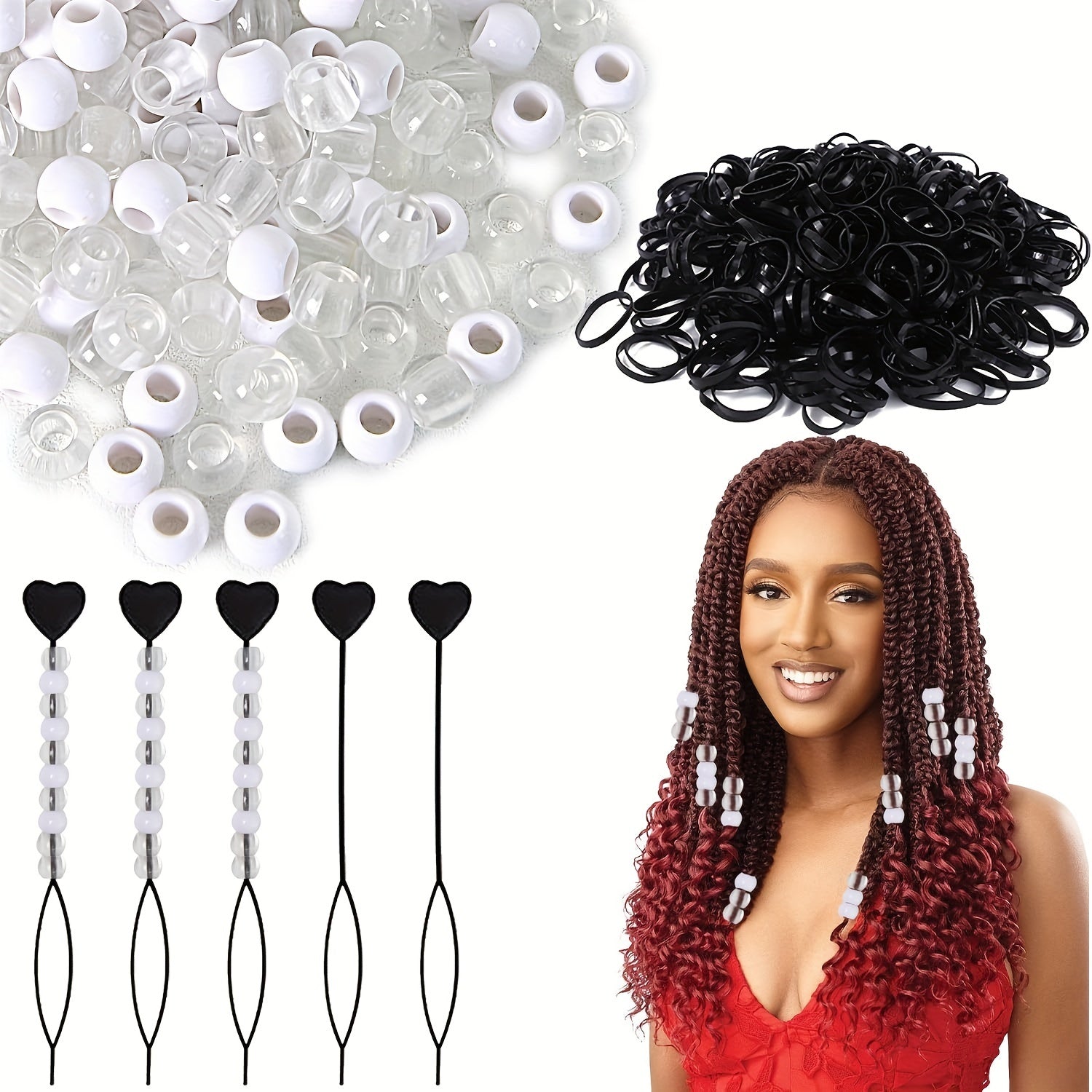 100 Beads Set + 2 Quick Beaders + 500 Mini Elastic Bands for Kids Hair Braids