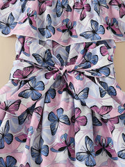 Toddler Girls Butterfly Graphic Princess Dress Cold Shoulder Ruffle Trim Belted