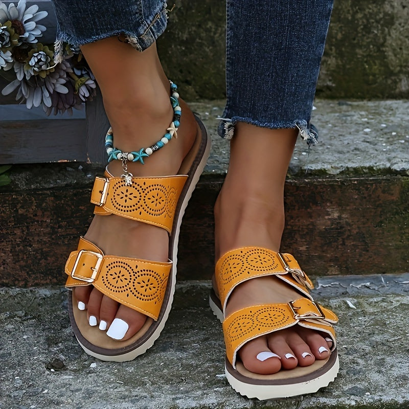 Women's Double Buckle Strap Slides Open Toe Hollow Out Flat Shoes