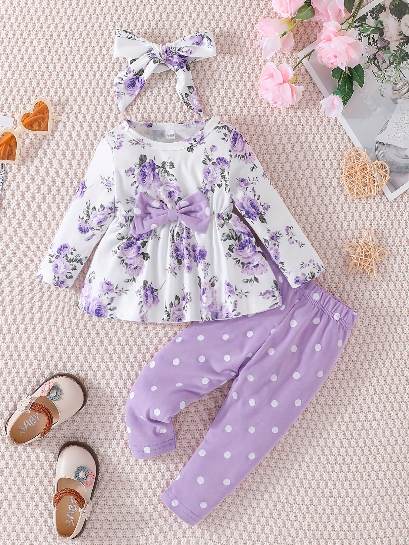 Baby Girls Floral Print Top & Pants Set For Spring And Autumn