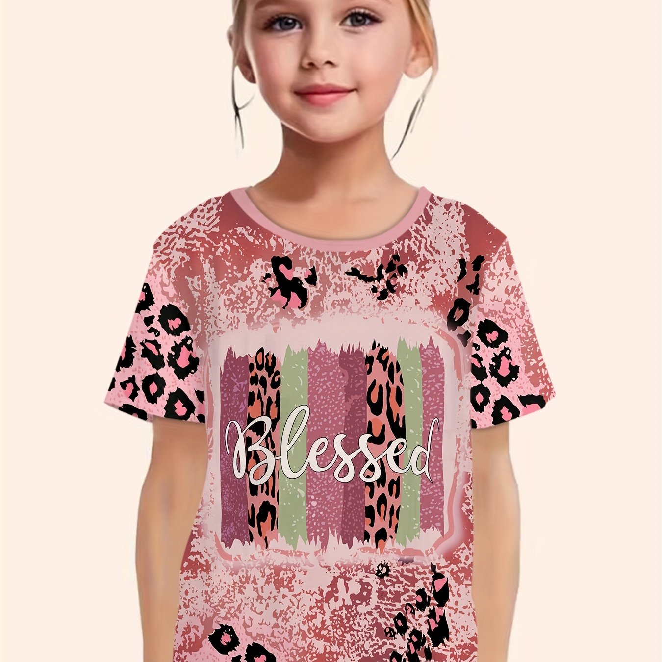 BLESSED Leopard Print Short Sleeve T-shirt Girls Summer Sports Pullover