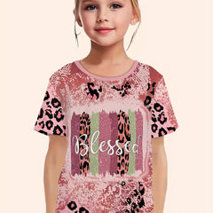 BLESSED Leopard Print Short Sleeve T-shirt Girls Summer Sports Pullover