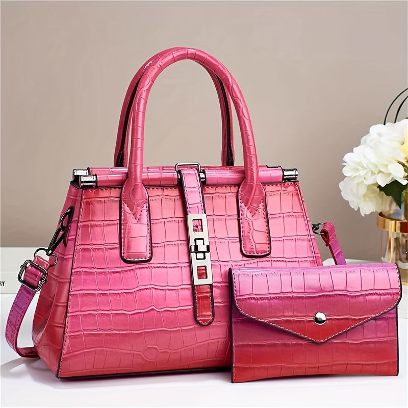 Crocodile Print Satchel Top Handle Tote Bag & Clutch Purse Set