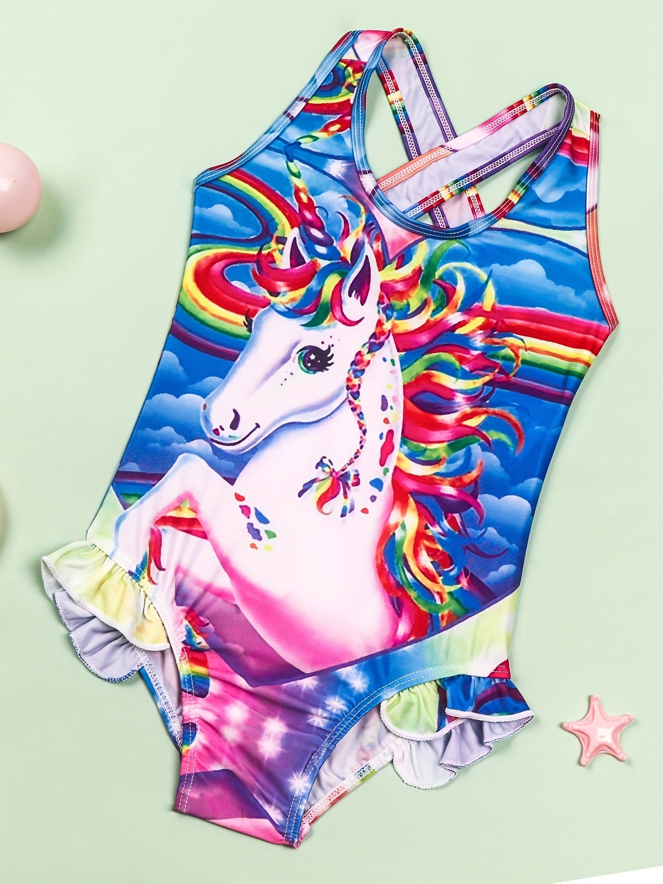 Toddler Girls Rainbow Unicorn One Piece Swimsuit Ruffle Trim