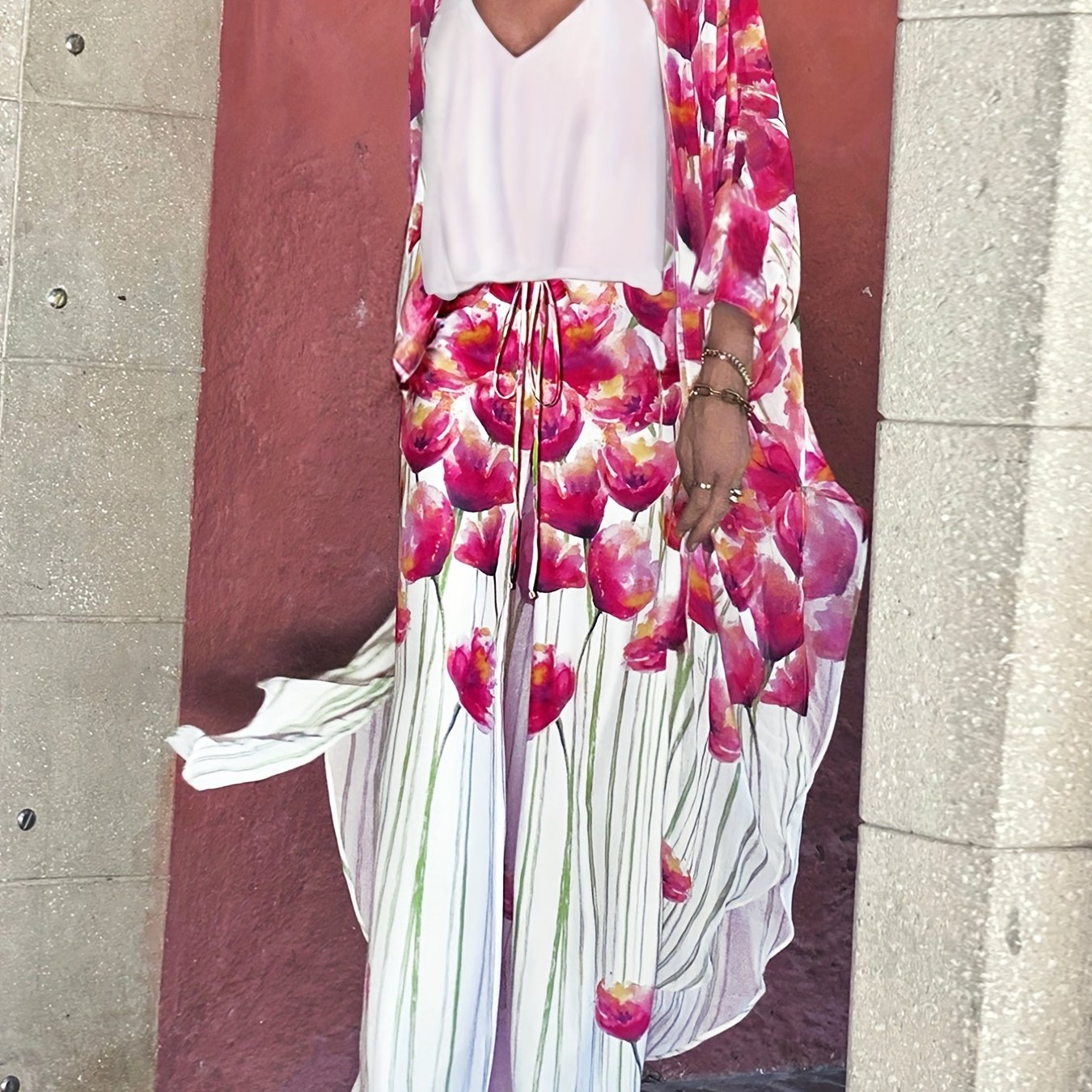 Floral Print Kimono Cover Up & Straight Leg Pants 2 Piece Swimsuit