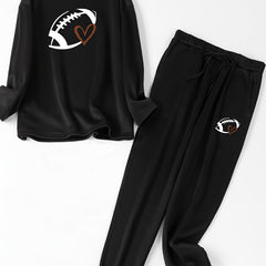 Sporty Lounge Set - Rugby & Heart Print Top & Joggers Pajamas