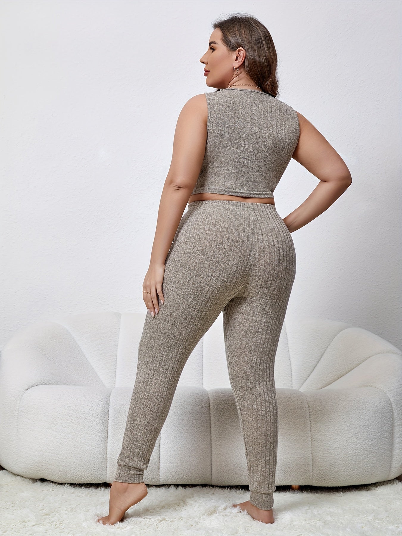 Women's Plus Ribbed Tank Top & Drawstring Pants 2pcs Outfits Set
