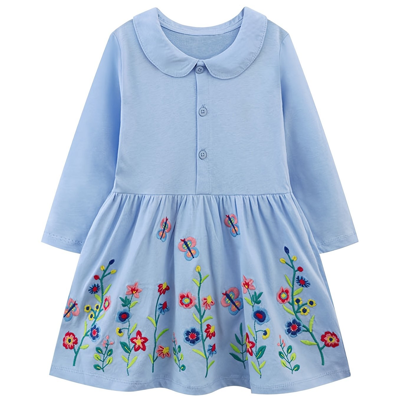 Girls Cotton Collared Dresses w/ Flowers Embroidery, Autumn Comfy