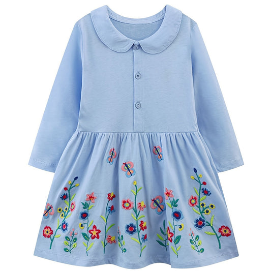 Girls Cotton Collared Dresses w/ Flowers Embroidery, Autumn Comfy