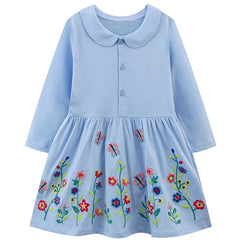 Girls Cotton Collared Dresses w/ Flowers Embroidery, Autumn Comfy