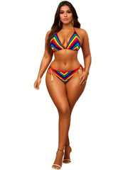 Rainbow High Leg Cut Bikini Set Stretch Vacay Swimsuit