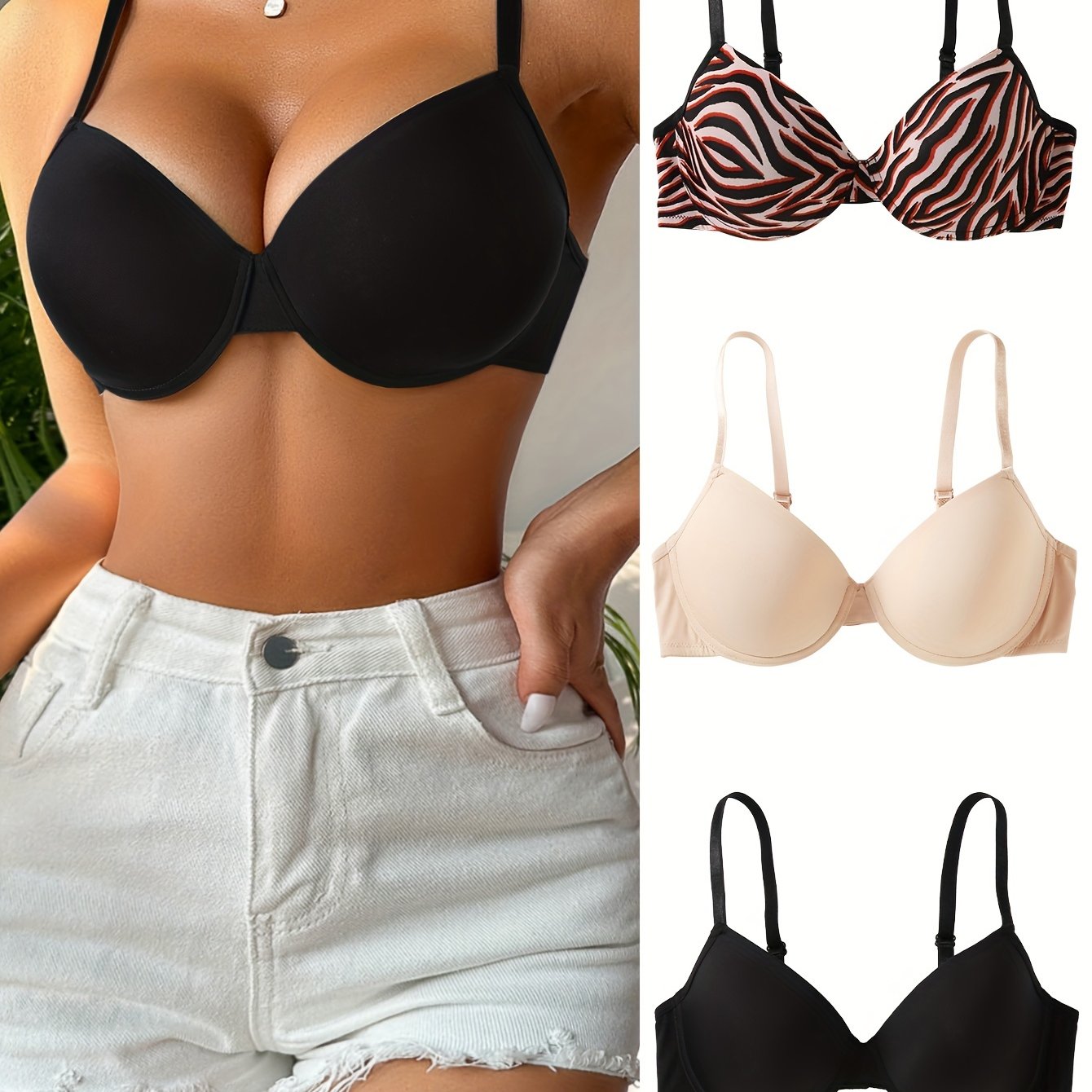 3 Pcs Push Up Bra Set Zebra Stripe Seamless Anti Sagging Lingerie
