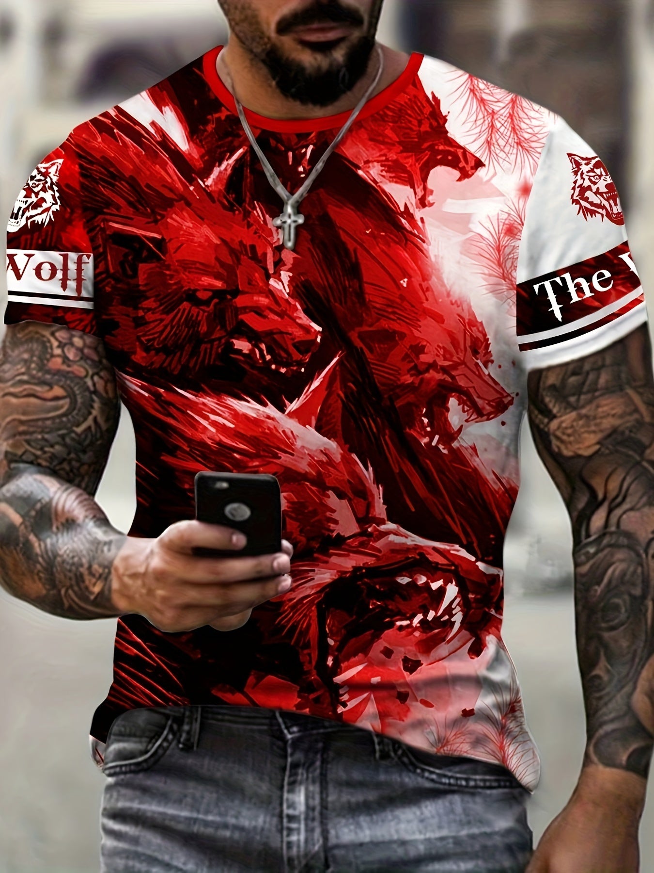 Men's Wolf Graphic T-shirt Casual Tee for Summer
