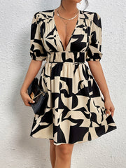 Geometric Print Ruched Dress Casual Plunging Puff Sleeve Dress