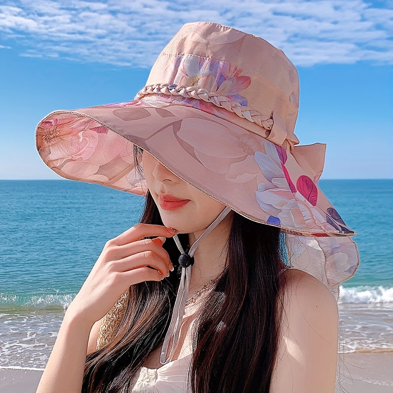 Braided Ribbon Bow Decor Sun Hat Wide Brim Foldable Bucket Hat