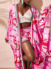 Casual Matching Kimono & Shorts Set Women's Outfit