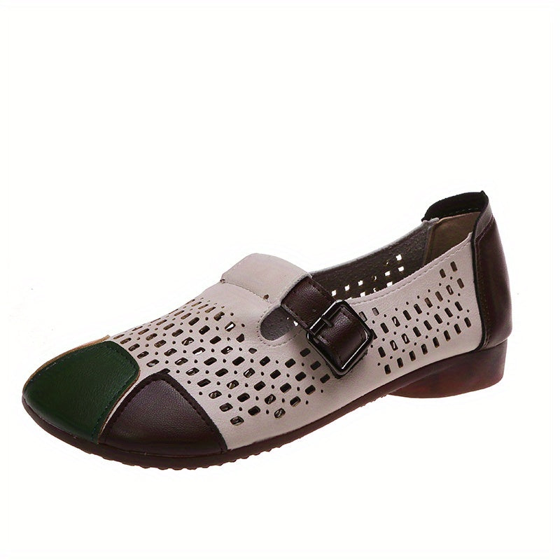 Women's Hollow Out Flat Shoes Colorblock Buckle Strap Round Toe Soft Sole Shoes