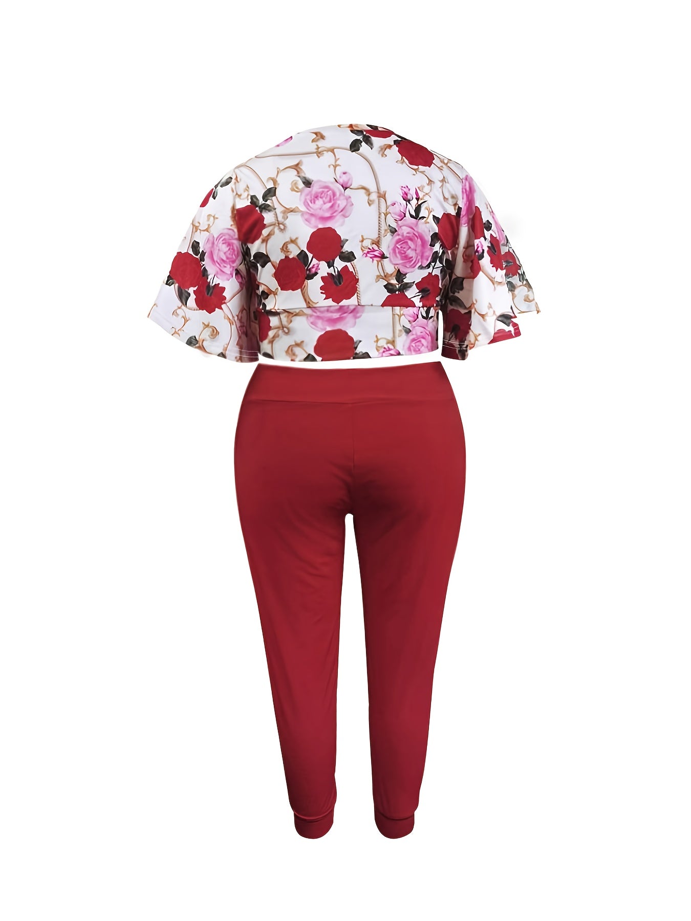 Plus Floral Bell Sleeve Crop Top & Solid Pants Set
