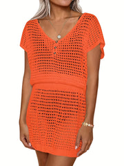 Crochet Cover Up Dress V Neck Short Sleeve Beach Caftan