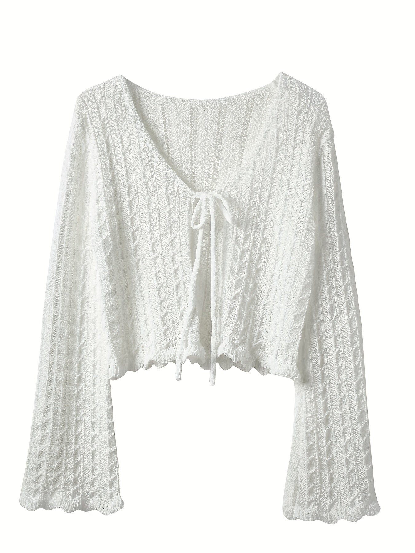 Tie Front Knit Cardigan Scallop Trim Flared Sleeve Sweater