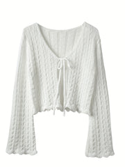 Tie Front Knit Cardigan Scallop Trim Flared Sleeve Sweater