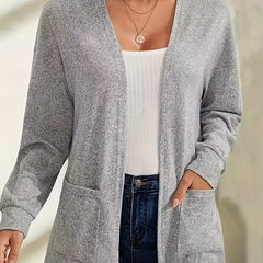 Solid Open Front Cardigan with Pockets for Women