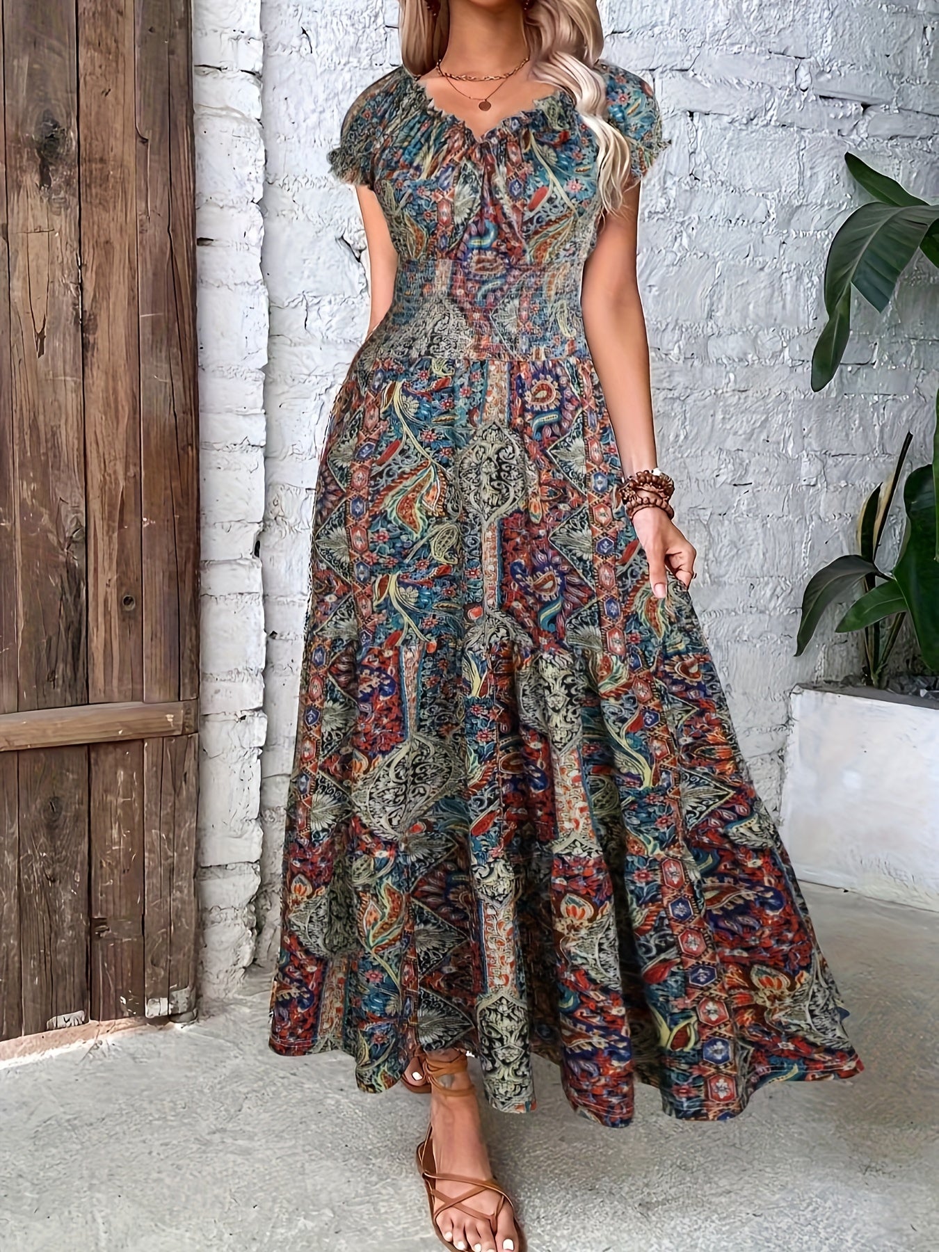 Boho Dress Women's Plus Floral Print Cap Sleeve V Neck Maxi Dress
