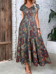 Boho Dress Women's Plus Floral Print Cap Sleeve V Neck Maxi Dress