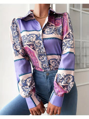 Colorblock Baroque Print Long Sleeve Blouse