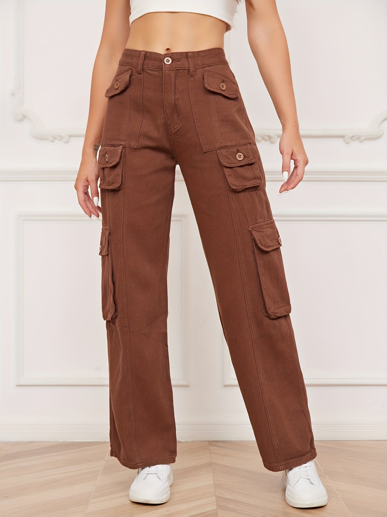 Brown Cargo Pants Straight Legs Loose Fit Denim Y2K & Kpop Style