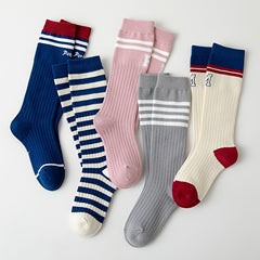 5 Pairs Girls Kids Knee High Calf Socks, Letters Print Striped, Spring Autumn