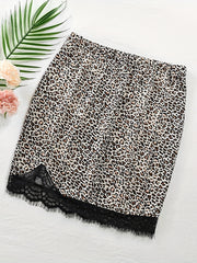 Snake Skin Print Lace Trim Skirt Sexy Slim Elastic Waist Skirt