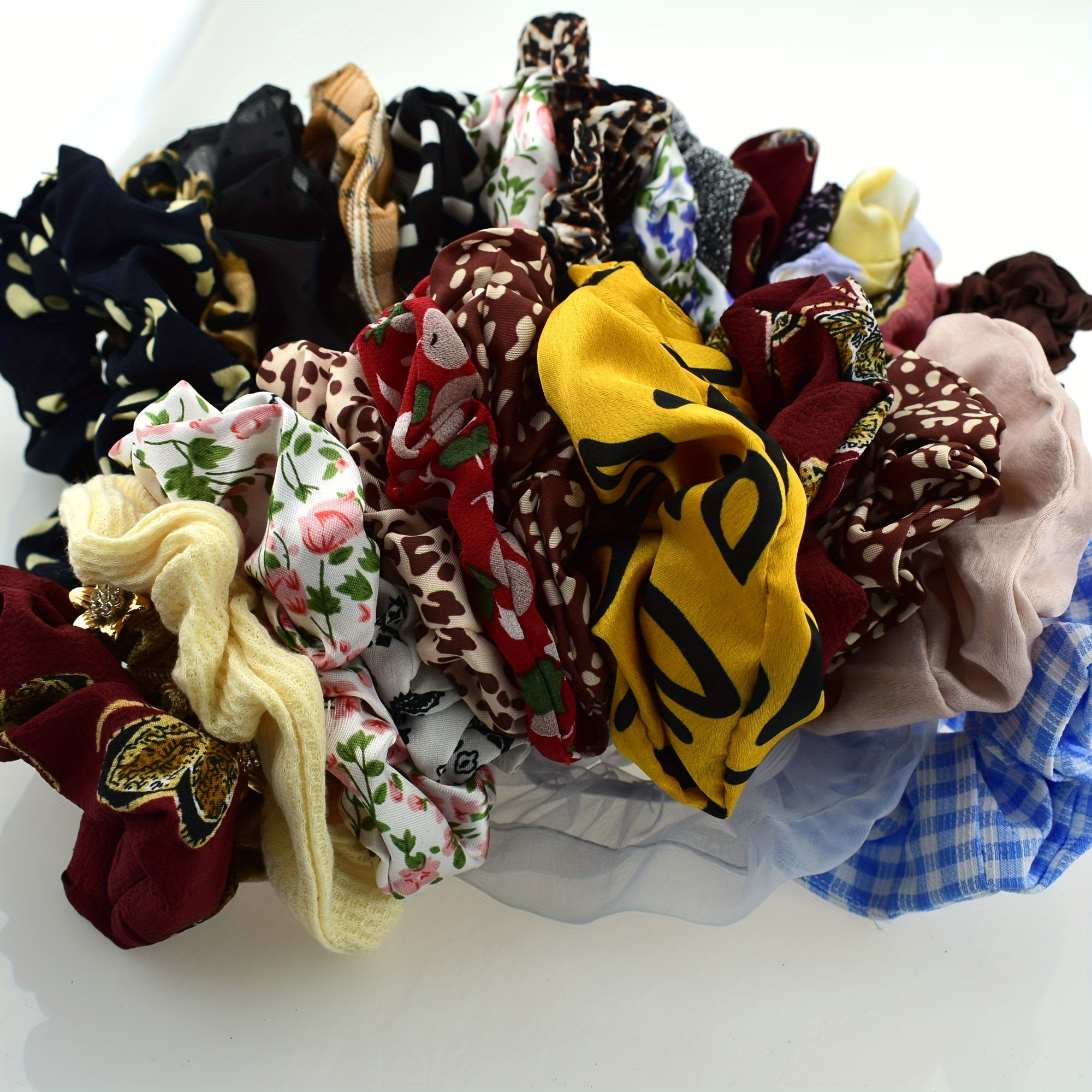 12pcs Boho Style Satin Scrunchies Hair Tie Floral Print Ponytail Holder