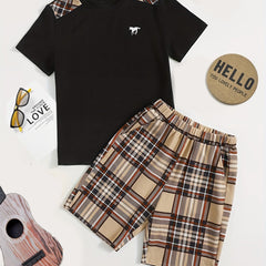 Boy's Plaid Print T-Shirt & Shorts Set with Horse Print