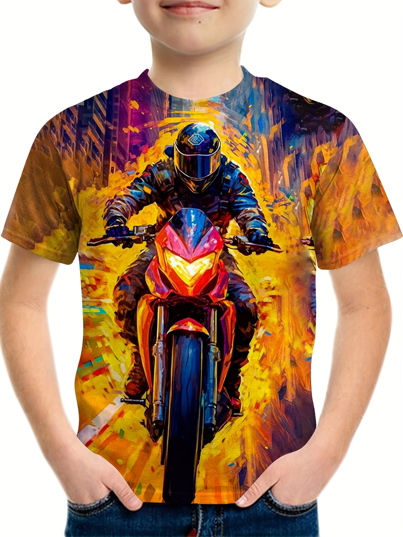 Motorcycle Rider Print Boy's Casual Short Sleeve T-shirt