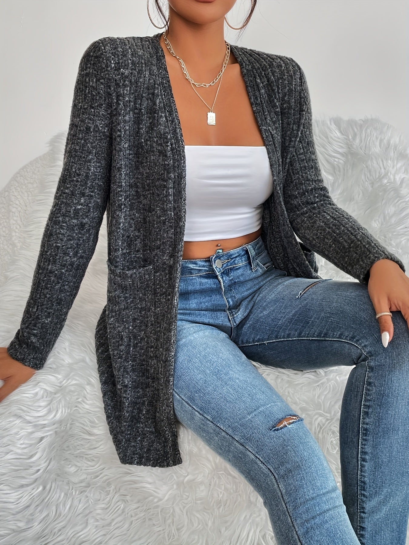 Solid Ribbed Long Sleeve Open Front Cardigan With Pockets