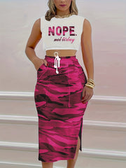 Casual Two piece Set Letter Print Top & Camo Split Skirt