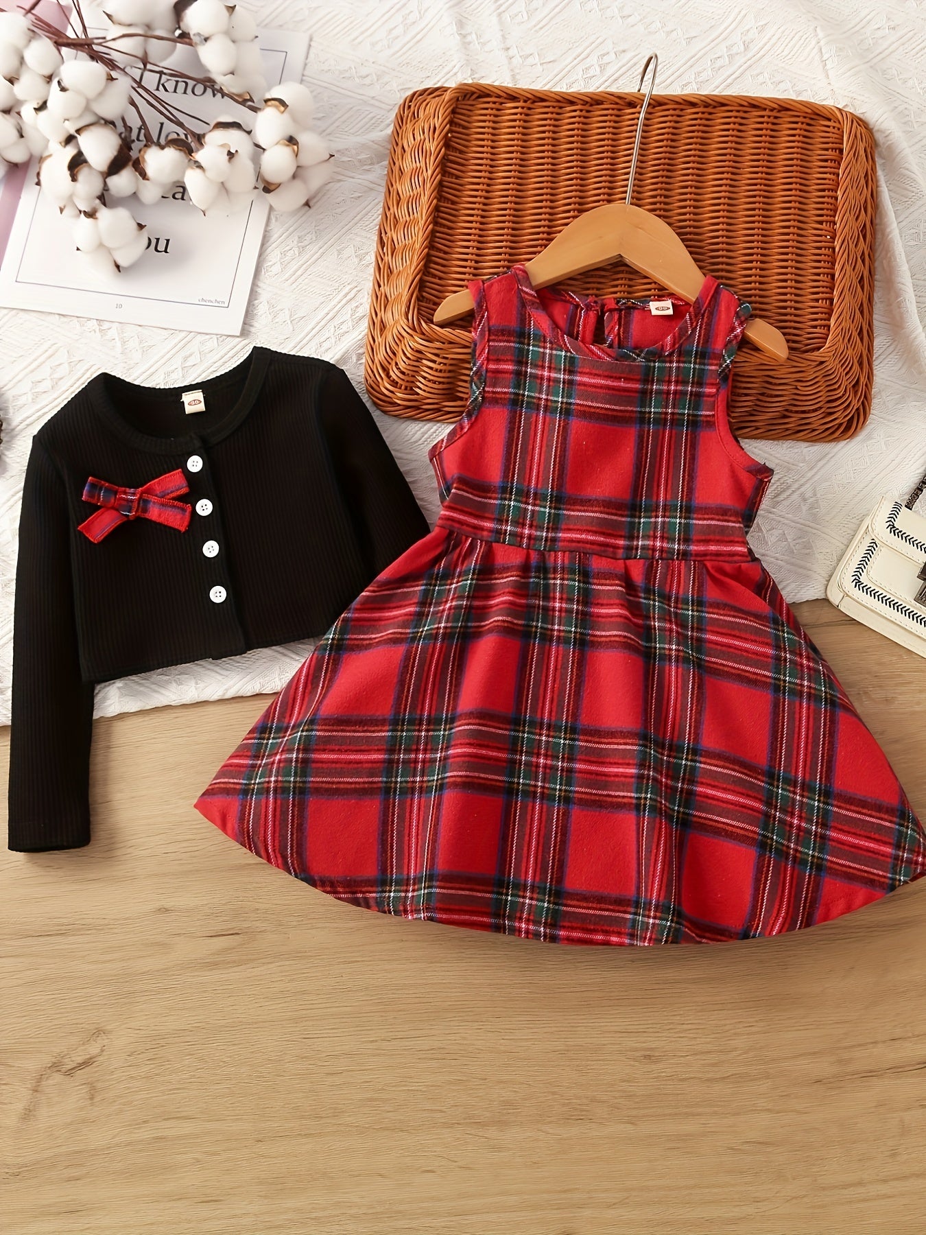 Toddler Girl's Plaid Dress & Cardigan Set for Spring Autumn Christmas