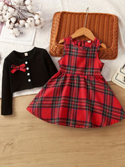 Toddler Girl's Plaid Dress & Cardigan Set for Spring Autumn Christmas