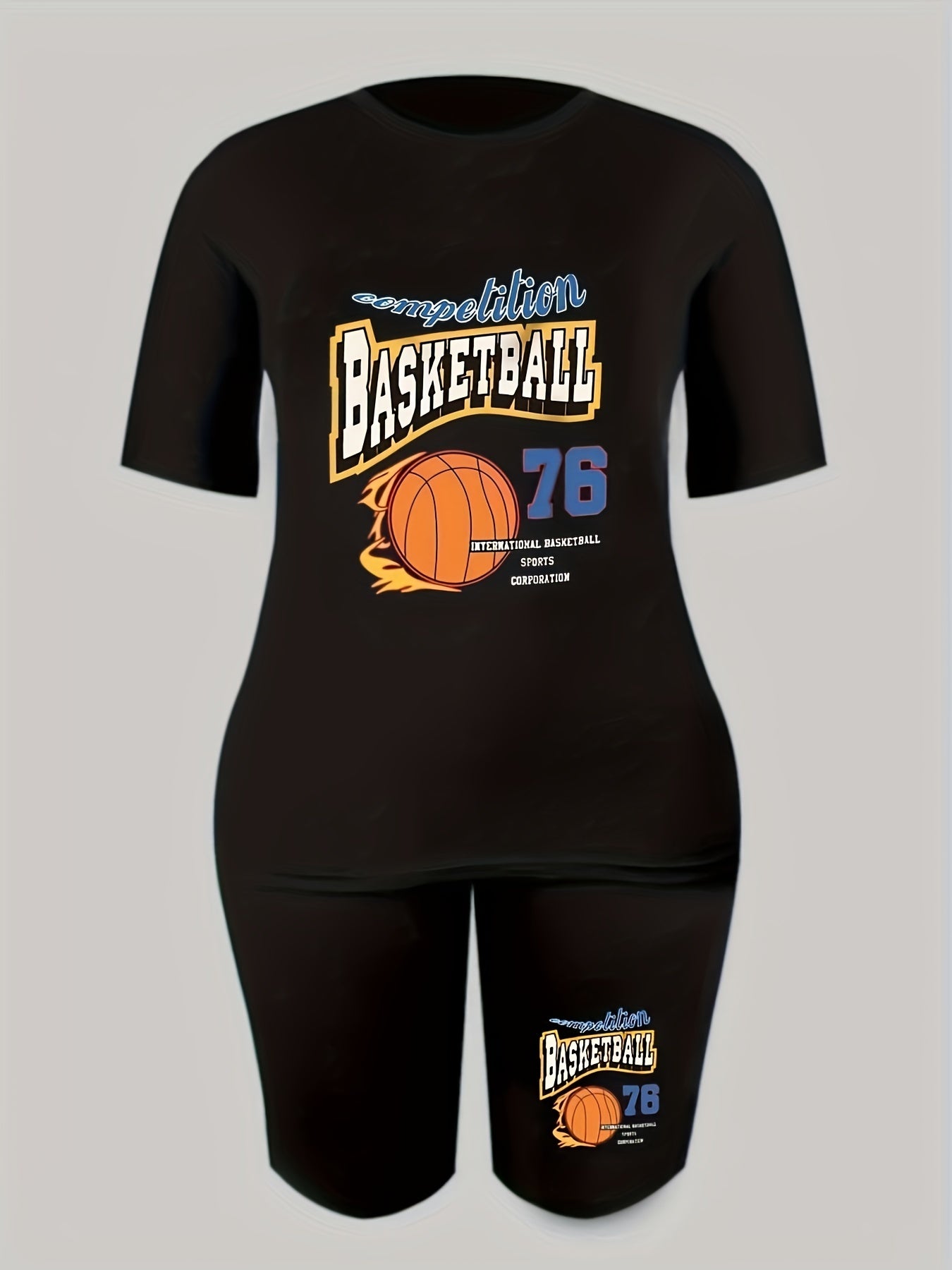 2pcs Basketball Graphic Crew Neck Sports Set