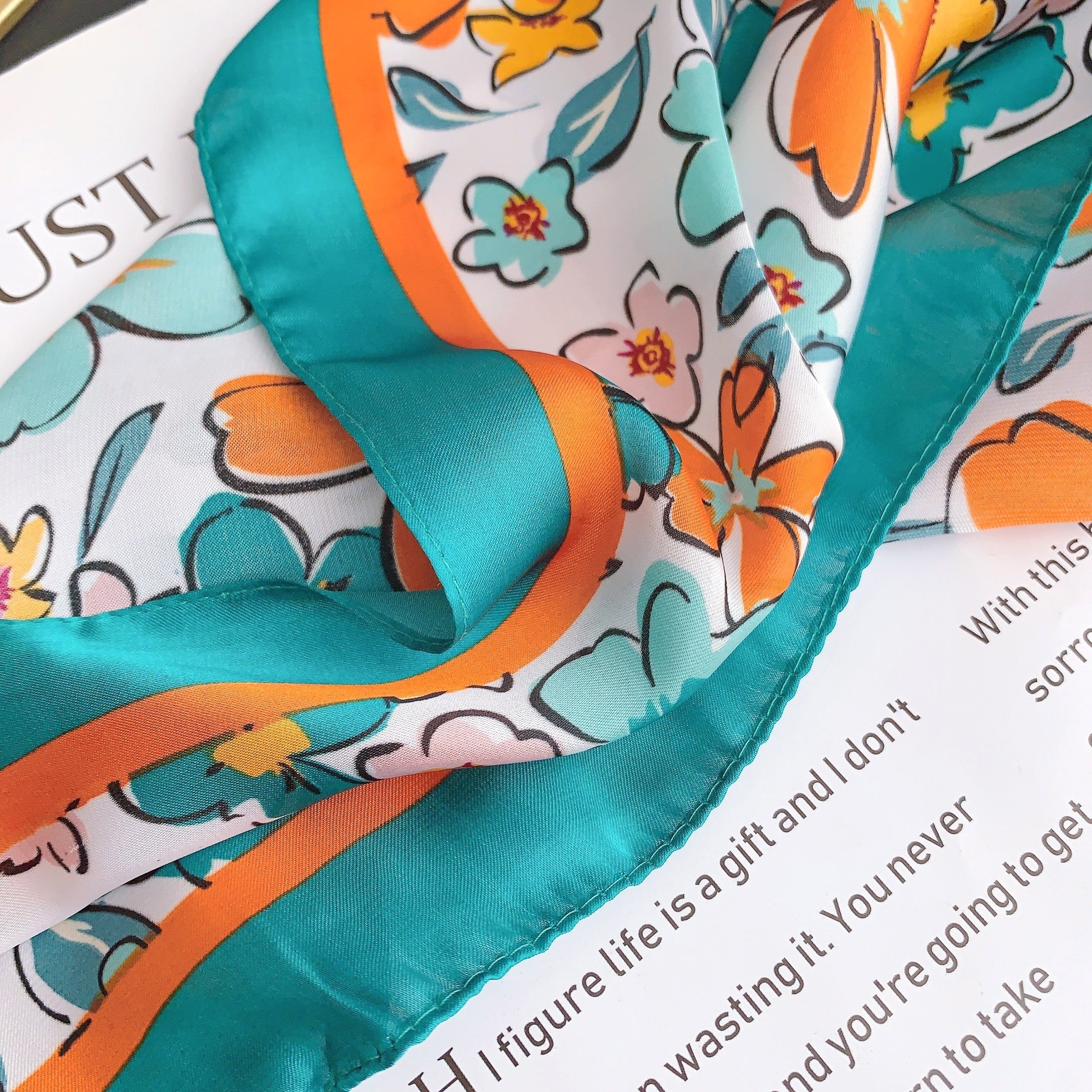 70cm Flower Graffiti Print Bandana Satin Square Scarf