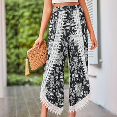 Paisley Print Lace Trim Wide Leg Pants for Women