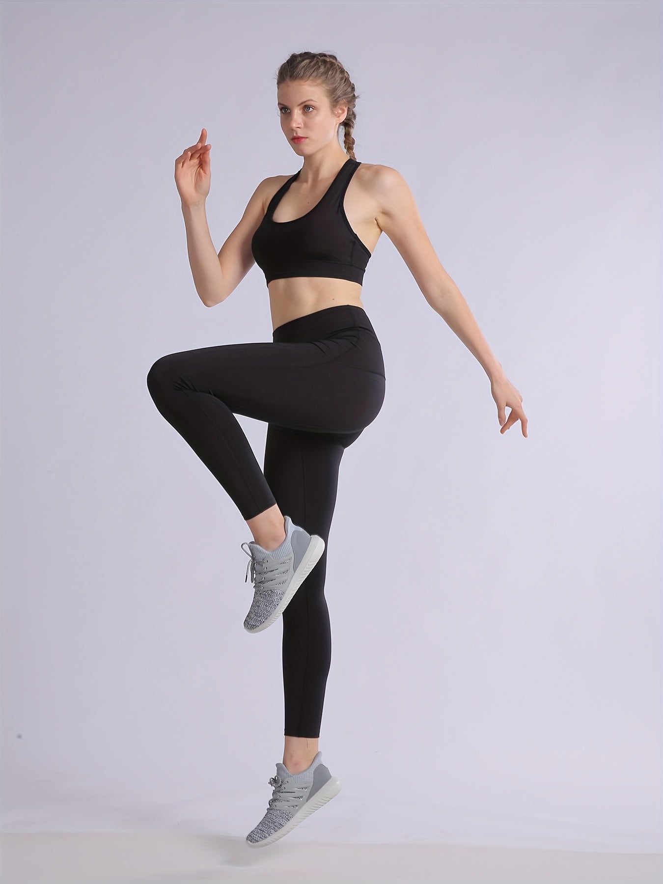 2pcs Solid Yoga Sports Bra & Leggings Set Women's Activewear