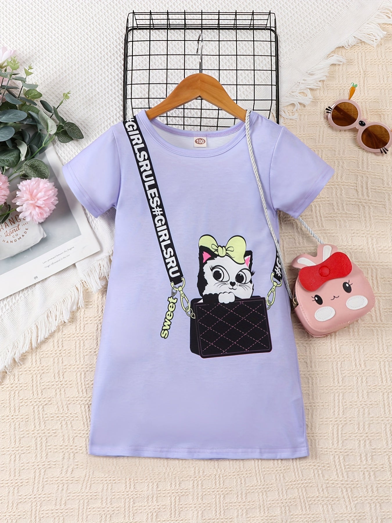 Girls Cat Print Short Sleeve Dress