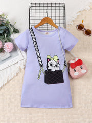 Girls Cat Print Short Sleeve Dress