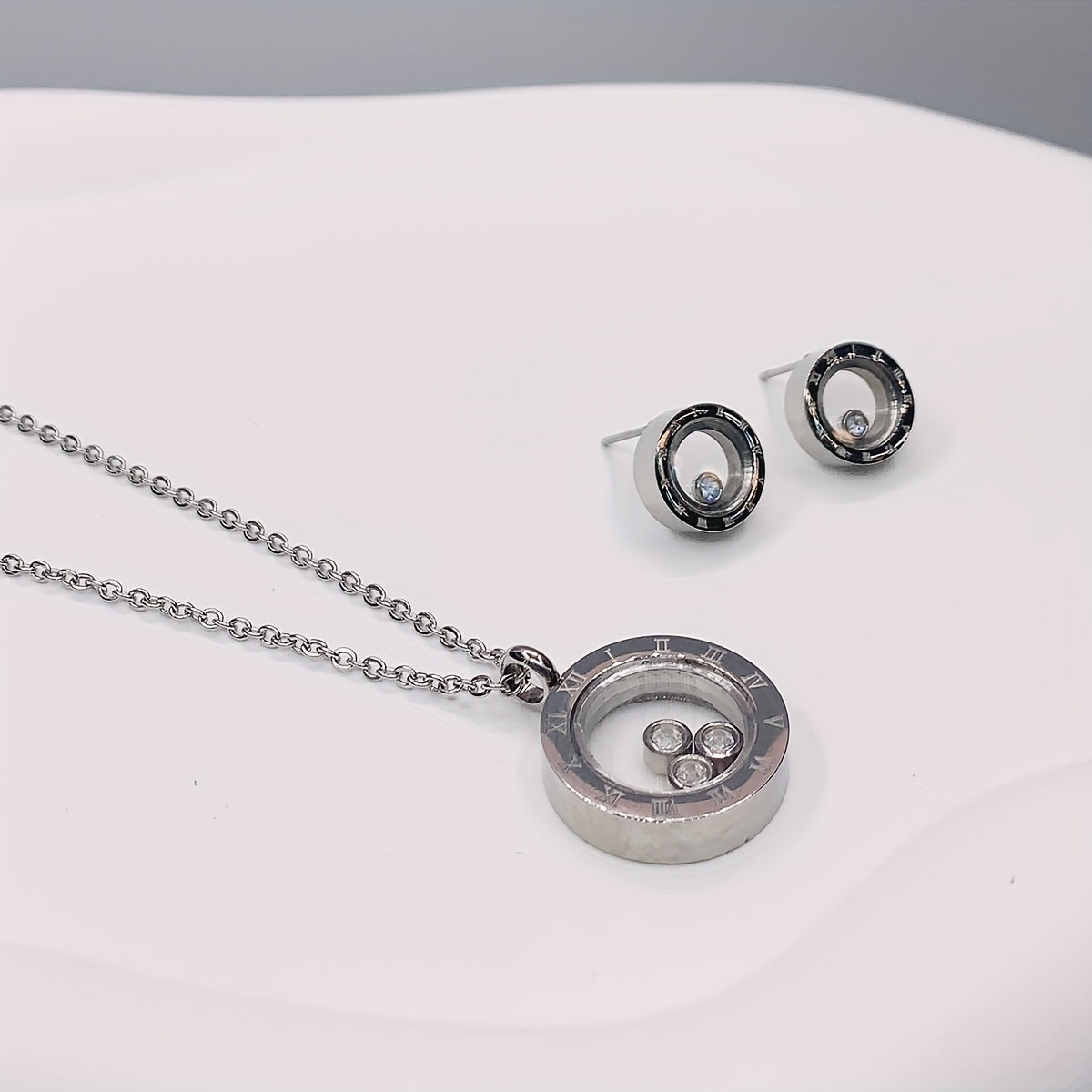 3pcs Round Shape Rhinestone Stainless Steel Jewelry Set