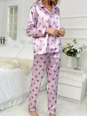 Heart Print Satin Pajamas Set Long Sleeve Buttons Top & Elastic Waistband Pants
