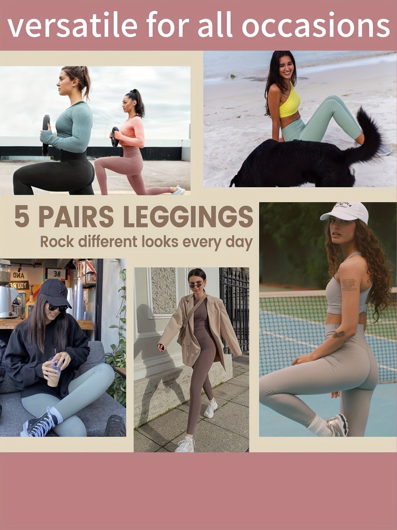 5Pcs Solid Yoga Leggings High Waist Tummy Control Stretchy Yoga Pants