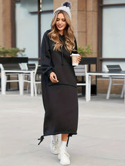 Solid Long Sleeve Hooded Sweatshirt Dress With Pockets
