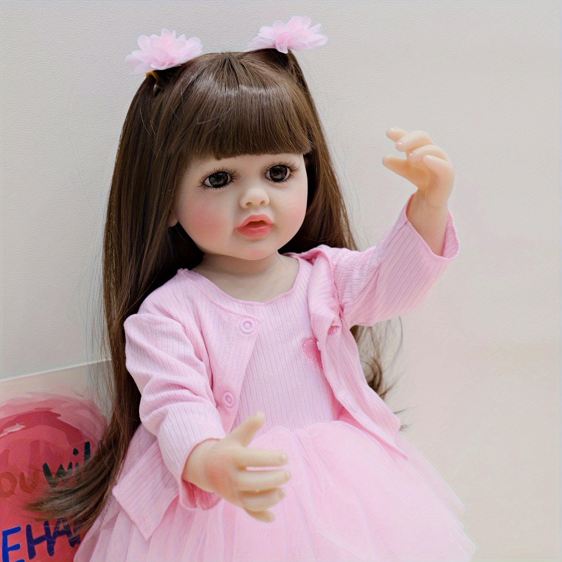 Lovely Pink 22 Inch Realistic Vinyl Reborn Youngsters Doll with Long Hair Wig